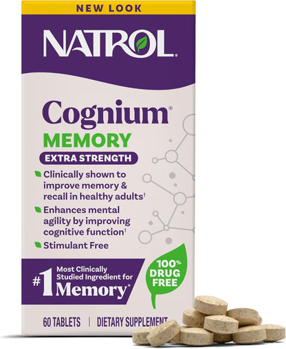 Natrol Cognium Memory supplement packaging with tablets on a white background